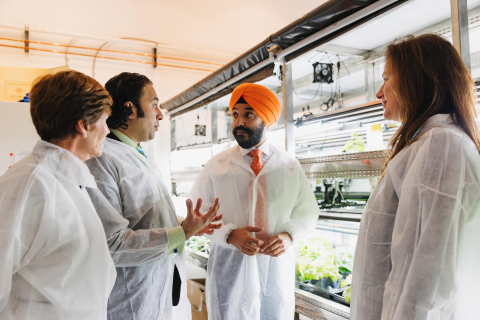 Pictured from left to right: Sue Paish, CEO Canada’s Digital Technology Supercluster; Karn Manhas, Founder & CEO Terramera; the Honourable Navdeep Bains, Canadian Minister of Innovation, Science and Industry and Annett Rozek, Chief Scientific Officer Terramera at Terramera’s lab in Vancouver. (Photo: Business Wire)