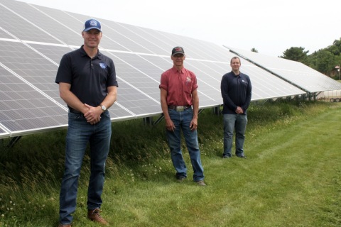 Eric Rygg, President at Silver Spring Foods, in front of new Solar Panel Installation, along with Farm Manager Ken Traaseth and Tim Dilley from Carlson Electric. (Photo: Business Wire)