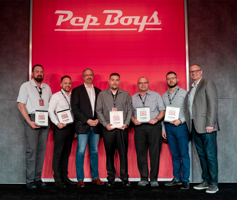 original Pep Boys Service Managers were recognized for incident-free stores and safety practices. Pictured from left to right are Store Manager Brian Bird (Store 1698, The Villages, Fla.), Store Manager Victor Ruiz (Store 1518, Union Park, Fla.), Chief Legal and Administrative Officer Matt Flannery, Store Manager Josue Diaz (Store 927, Puerto Rico – Rio Grande), Store Manager David Maxwell (Store 1437, Leesburg, Fla. – Radio Road), Store Manager Ramiro Hernandez (Store 726, Dallas, Texas – Buckner), and CEO of Service Brian Kaner. (Photo: Business Wire)