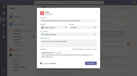 With Asana for Microsoft Teams, customers can turn conversations in Teams into trackable, actionable tasks in Asana in one click. (Graphic: Business Wire)