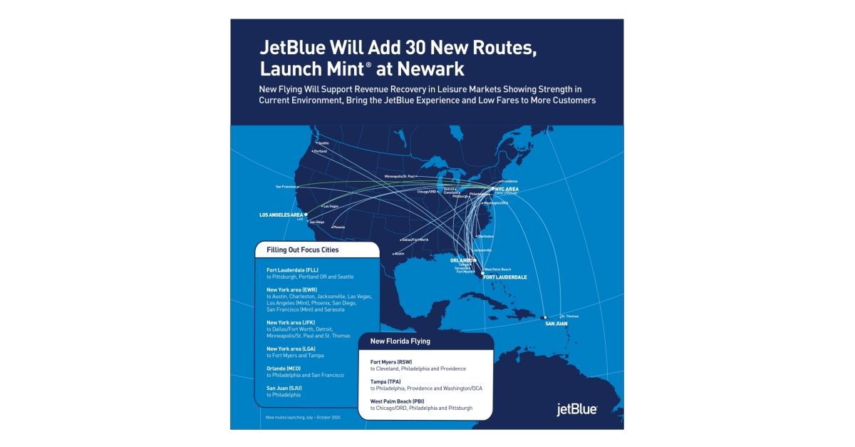 JetBlue Will Add 30 New Routes, Launch Mint® at Newark Business Wire