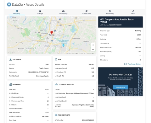 RealMassive DataQu offers hundreds of data points on commercial properties including recent sales, mortgage and loan information, tax history and available listings. (Graphic: Business Wire)