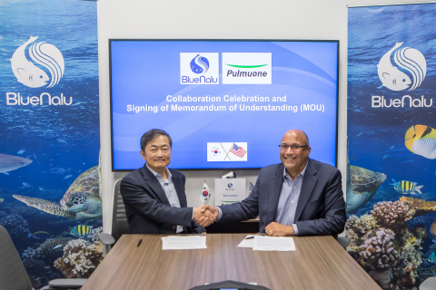 (Left to right) Sang Yun Lee, CTO of Pulmuone Co. Ltd. and Lou Cooperhouse, CEO of BlueNalu celebrate signing of MOU at BlueNalu headquarters (pre-pandemic) (Photo: Business Wire)