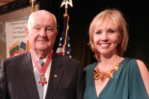 Albinas Markevicius and his daughter, Zina Markevicius, during a 2013 ceremony receiving the Medal of Diplomacy from the Lithuanian Embassy in Washington, D.C. (Photo: Business Wire)