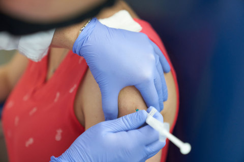 A volunteer receives an injection as part of Medicago’s Phase I clinical trial for its COVID-19 vaccine candidate. (Photo: Business Wire)