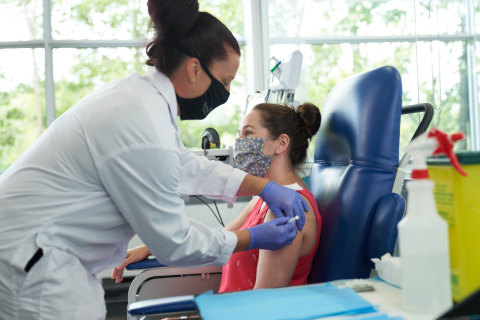 A volunteer participates in Medicago’s Phase I clinical trial for its COVID-19 vaccine candidate in Quebec City. (Photo: Business Wire)