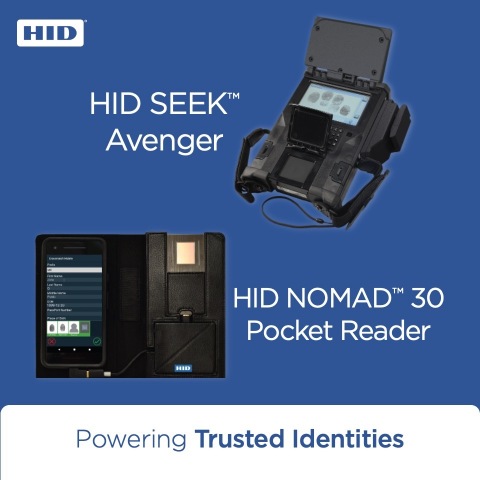 The expanded iOS, in addition to Android, availability of the HID NOMAD™ 30 Pocket Reader and Windows 10 availability for the HID SEEK™ Avenger rugged handheld biometric reader extends HID's biometric identity verification solutions to police departments and military installations around the world. (Graphic: Business Wire)