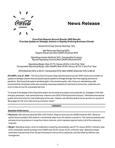 Coca-Cola second quarter 2020 full earnings release