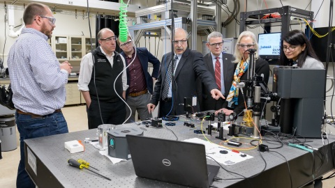 Department of Energy Under Secretary for Science Paul Dabbar and Argonne and UChicago scientists and leaders discuss quantum entanglement along Argonne’s quantum loop, a 52-mile fiber optic testbed for quantum communication in the Chicago suburbs. (Image by Argonne National Laboratory)