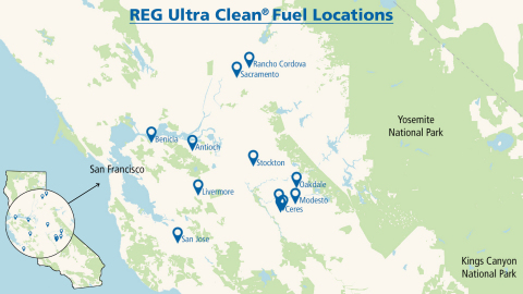 Renewable Energy Group is partnering with Hunt & Sons to supply REG Ultra Clean® at 12 locations in Northern California. (Graphic: Business Wire)