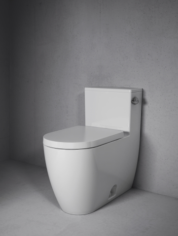 Designed by Philippe Starck, the ADA-compliant ME by Starck floorstanding toilet leaves a sleek impression thanks to the collection’s signature slim edge. Duravit's innovative Rimless® flush technology ensures a dynamic and powerful flow of water that rinses the entire inner surface, while allowing for efficient and hygienic maintenance. (Photo: Business Wire)