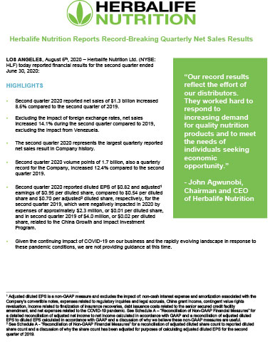 Herbalife Nutrition Second Quarter 2020 Earnings Press Release