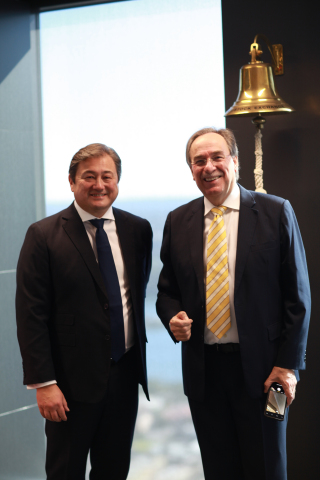 SSX CEO Michael Go and Martin Place Securities Executive Chairman Barry Dawes ring the Sydney Stock Exchange bell to mark the listing of Torque Metals. (Photo: Business Wire)