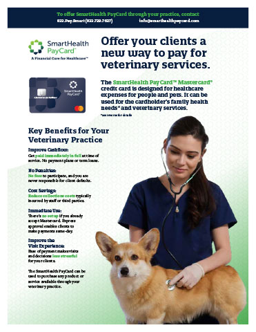 SmartHealth PayCard™ helps improve veterinary practices’ client experience while increasing cash flow and lowering administrative costs.