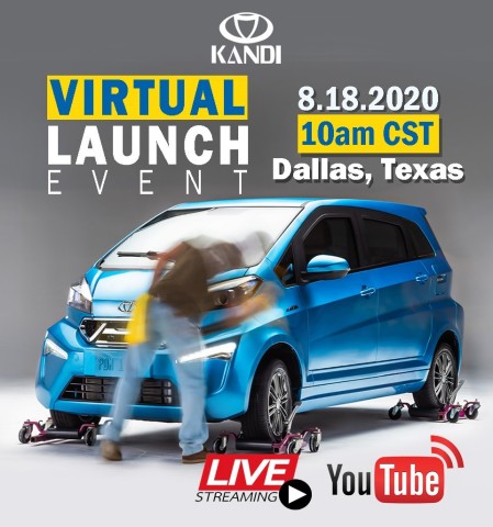 Kandi America announces details for how consumers, shareholders and interested parties can join the live virtual launch event taking place at 10 a.m. CT tomorrow, August 18. (Graphic: Kandi America)