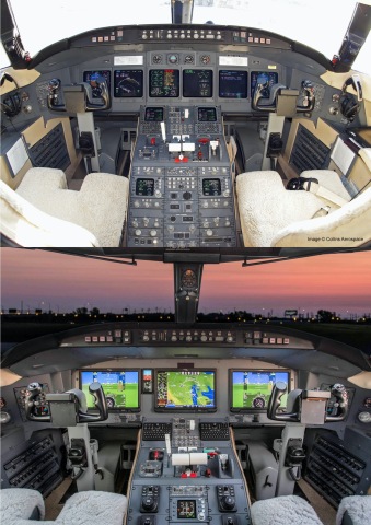 Bombardier Challenger 604 cockpit before and after installation of the Collins Aerospace Pro Line Fusion® flight deck by Constant Aviation. This package is now validated by Transport Canada for installation in Canadian-registered Challenger 604 aircraft. (Photo: Business Wire)