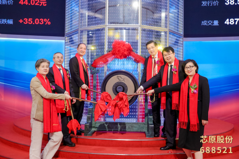 Dr. Dai Weimin (top right), Chairman and President of VeriSilicon, Guan Xiaojun (right middle), Deputy District Mayor of Pudong New Area, attended the VeriSilicon IPO ceremony (Photo: Business Wire)