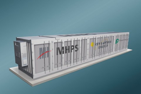 A Key Capture Energy selecionou a MHPS e a Powin para construir três projetos de sistema de armazenamento de energia de bateria (BESS), totalizando 200 MW no Texas. Mostrado: Renderização do BESS. (Gráfico: Business Wire)
