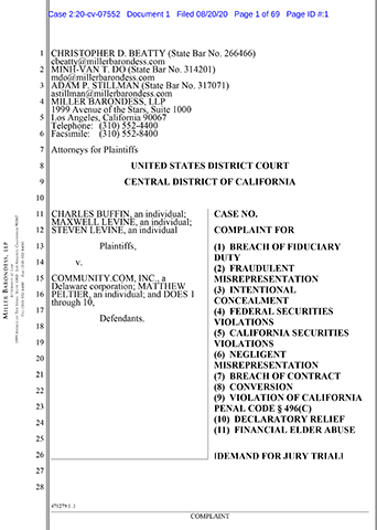 original Charles Buffin, Maxwell Levine, and Steven Levine v. Community.com, Inc. and Matthew Peltier USDC Central District of California Case No. 2:20-cv-07552