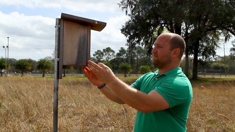 original Bacardi volunteer Eric Hearn regularly checks on the bluebird nest boxes built on the bottling site’s campus. Photo caption Bacardi.