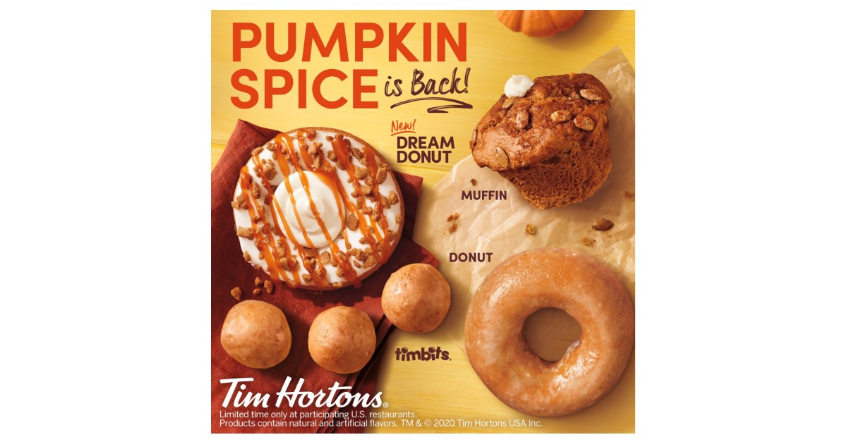 Get ready to fall into Pumpkin Spice season with Tim Hortons and the NEW  lineup of Pumpkin Spice-flavoured hot and cold beverages, plus a NEW Dulce  Apple Fritter Dream Donut!