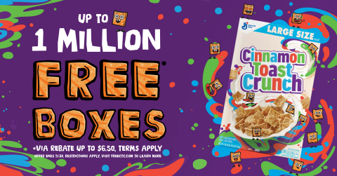 Cinnamon Toast Crunch is giving away one million boxes of cereal. Fans can visit FreeCTC.com throughout September to claim their free box via rebate. (Photo: Business Wire)