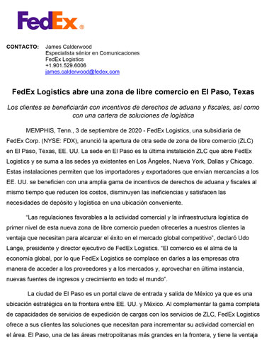 original Spanish version of FedEx Logistics El Paso Foreign Trade Zone press release