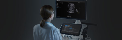 A doctor looks at a Samsung Medison BiometryAssist ultrasound image. Samsung Medison and Intel are collaborating on new smart workflow solutions to improve obstetric measurements that contribute to maternal and fetal safety and can help save lives. (Credit: Samsung Medison)