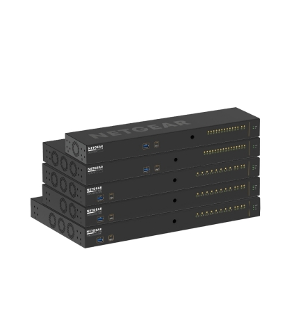 The M4250 switches are designed for a clean integration with traditional rack-mounted AV equipment. A sleek, black display panel provides port and activity status in the front, with all power and network cabling neatly organized in the back. (Photo: Business Wire)