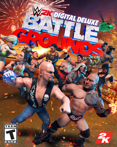 Developed by Saber Interactive and available now for the PlayStation®4 system, the Xbox One family of devices, including the Xbox One X and Windows PC via Steam, Nintendo Switch™ system and Stadia for $39.99*, WWE 2K Battlegrounds brings fast-paced action and an assortment of power-ups, special moves, unconventional melee items and interactive environments to take the brawl to the next level. (Graphic: Business Wire)