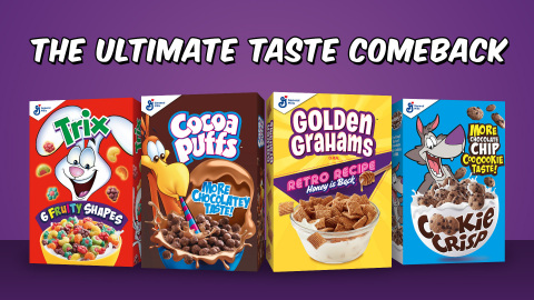 Your favorite flavors from childhood have returned, with Cocoa Puffs, Golden Grahams, Cookie Crisp and Trix bringing back the taste and shapes that ruled your Saturday mornings in the 80s. (Graphic: Business Wire)
