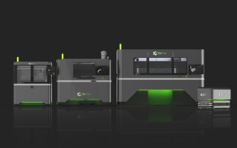 The InnoventPro (left) is an advanced entry-level metal 3D printer that rounds out ExOne's full family of production metal binder jetting systems, which includes the X1 25Pro (center) and the X1 160Pro (far right). ExOne is also introducing the X1D1 automated guided vehicle for efficient Industry 4.0 transport of heavy build boxes from 3D printing through final sintering operations. (Photo: Business Wire)
