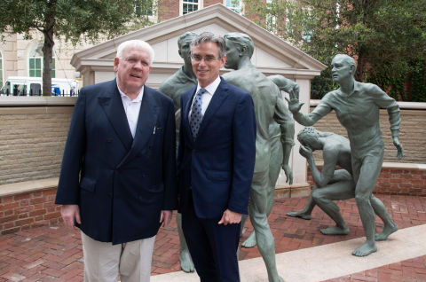 Harlan Crow, Chairman of Crow Holdings, and Chas Fagan, artist, at the dedication of the Non Sibi monument in Dallas, honoring the selfless bravery of the passengers and crew on Flight 93. Non Sibi is Latin for “not for self”. Photo by Grant Miller.