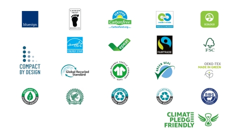 Program launches with over 25,000 Climate Pledge Friendly products with one or more of 19 sustainability certifications (Graphic: Business Wire)