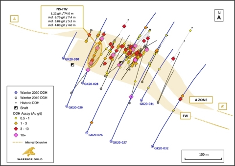 Figure 2. Plan Map of A Zone with July 2020 Drill Hole Locations and Assay Results (Graphic: Business Wire)
