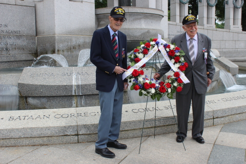 Merrill's Marauders (L-R) Gilbert Howland, 97, from New Jersey and Bob Passanisi, 96, from New York, place a wreath near the China Burma India Theater monument of Washington's WW II Memorial in 2019 during a trip to gain support for the Congressional Gold Medal. (Photo: Business Wire)