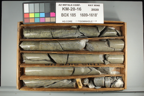 Figure 1. Drill core from hole KM-20-16 displaying chalcopyrite and sphalerite mineralization included in the interval of 12.5 m grading 6.0% CuEq, part of a wider interval of 38.4 m of 2.9% CuEq.
