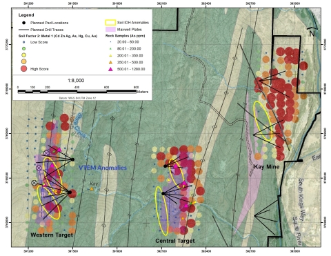 Figure 5. Coincident VTEM, Soil, and Rock anomalies over the Kay Mine, Central Target, and Western Target.