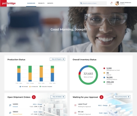 thumbnail pci | bridge is an innovative digital platform that will give PCI clients immediate visibility into their clinical and commercial supply chain and provide instantaneous data and insights to inform decision-making. This view represents the pci | bridge dashboard on a computer, sharing production status, overall inventory status, open shipment orders and documents waiting for approval. (Photo: Business Wire)
