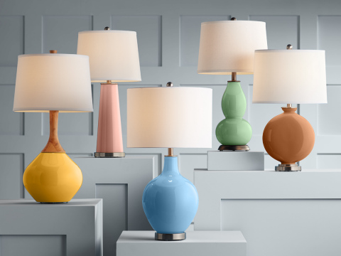 Lamps Plus Color Plus lamps with Dunn-Edwards colors: (from left) Marigold, Rustique, Wild Blue Yonder, Flower Stem and Burnt Almond. (Photo: Business Wire)