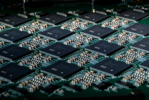 A close-up shot of an Intel Nahuku board, each of which contains 8 to 32 Intel Loihi neuromorphic chips. Intel’s latest neuromorphic system, Pohoiki Beach, is made up of multiple Nahuku boards and contains 64 Loihi chips. Pohoiki Beach was introduced in July 2019. (Credit: Tim Herman/Intel Corporation)