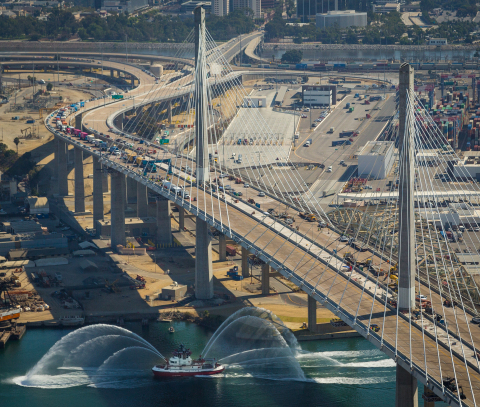 The ceremonial opening of the new bridge at the Port of Long Beach (CA) was celebrated by sea, land and air. The cable-stayed bridge will open to traffic on Oct. 5. (Photo courtesy of the Port of Long Beach).