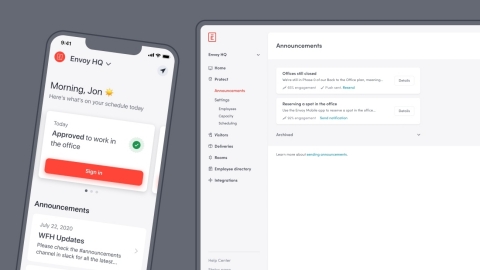 Envoy Protect includes several new features, such as Announcements, which allows you to share important updates with your teams. (Graphic: Business Wire)