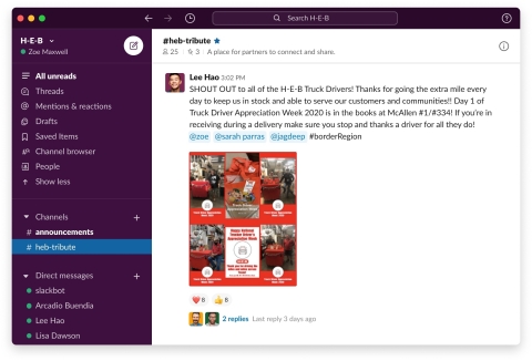H-E-B is connecting its dispersed workforce across 400 stores via Slack. One of the company’s largest channels, #heb-tribute, has approximately 119,000 members actively posting everything from kudos on a retirement and thank-yous to truck drivers to beautiful store merchandising images and community service events. Note: The H-E-B employee names represented in the photos have been anonymized for privacy reasons. (Graphic: Business Wire)