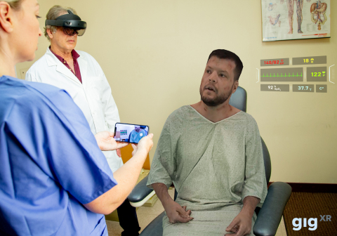 GIGXR enables remote access to live, holographic standardized patients for simulation training, which are transported by instructors using a mixed reality headset to students anywhere through their mobile devices. (Photo: Business Wire)