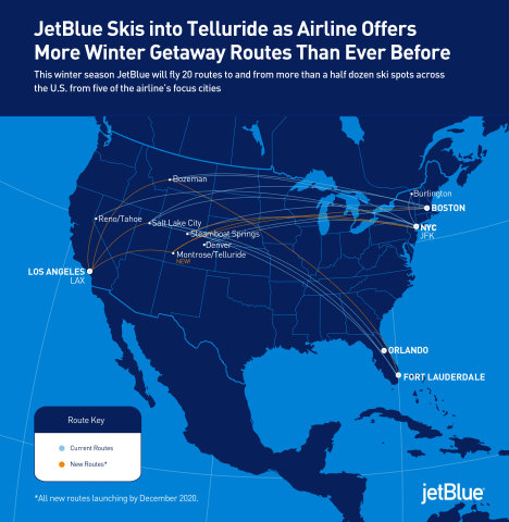 This winter season JetBlue will fly 20 routes to and from more than a half dozen ski spots across the U.S. from five of the airline’s focus cities.  (Graphic: Business Wire)
