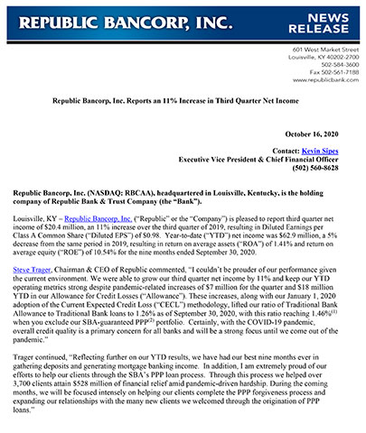 Republic Bancorp, Inc. Earnings Release and Financial Supplement - Third Quarter 2020
