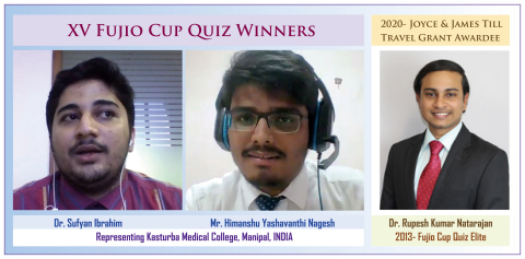 Winners of XV Fujio Cup Quiz, Dr. Ibrahim and Mr. Nagesh of Kasturba Medical College, India, with the 2020- Joyce and James Till Travel Grant Awardee, Dr. Natarajan, a 2013- FCQ Elite. (Graphic: Business Wire)