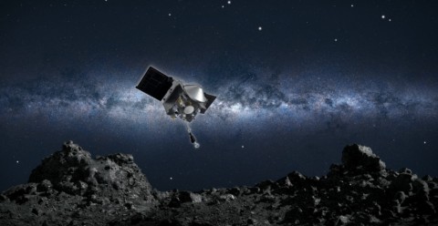 Artist concept of the spacecraft collecting a sample from the asteroid Bennu.  Teledyne’s lidar mapped the rocky surface to allow the spacecraft to avoid hazards. Image credits:  NASA/Goddard/University of Arizona