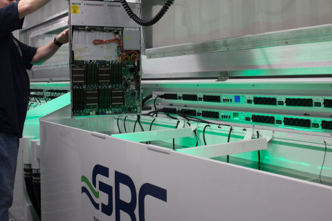 GRC ICEraQ immersion-cooling system with rack-mounted service rails for easy maintenance and hot swaps. (Photo: Business Wire)